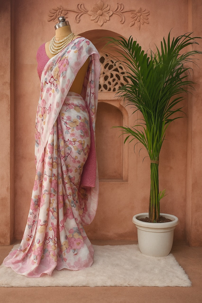 White & Pink Floral Crape Silk Saree