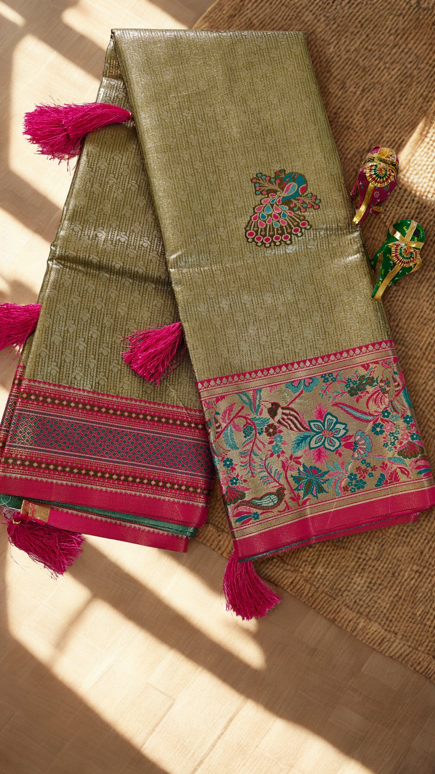 Peach Pink Kanjivaram Silk Saree with Green Border
