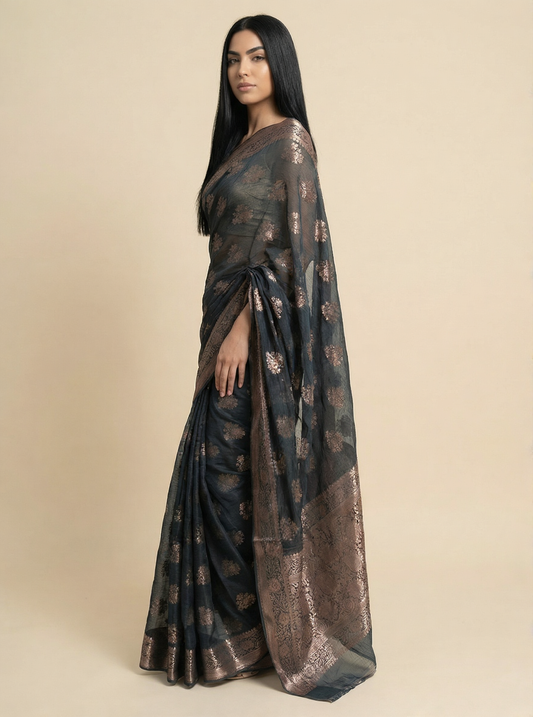 Black Chinon Saree with Zari Butti Work