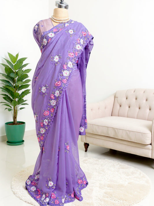 Lavender Fendi Chiffon Saree with Embroidered Detailing