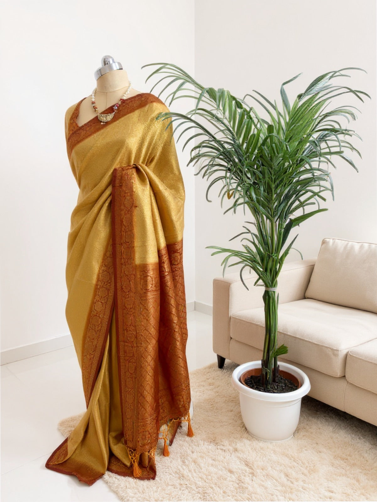 Golden & Rust Mulberry Silk Saree