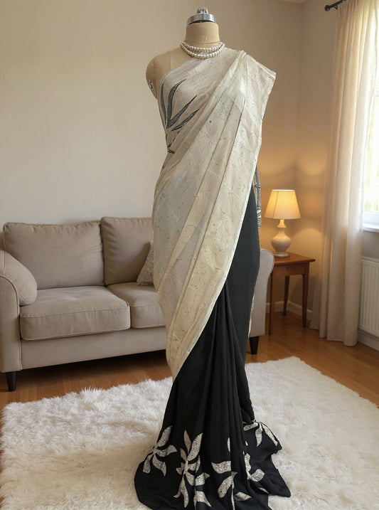 Black & Ivory Satin Crepe Saree