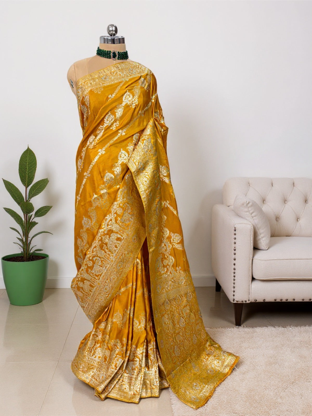 Mustard Yellow Satin silk Saree