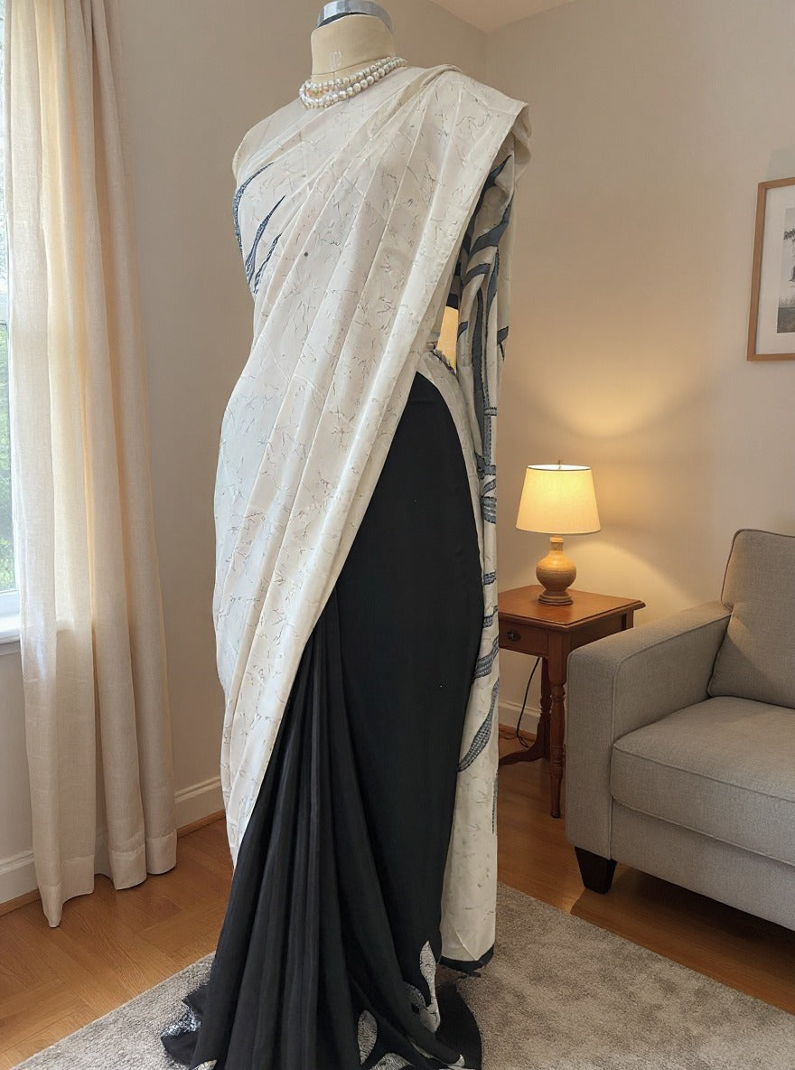 Black & Ivory Satin Crepe Saree