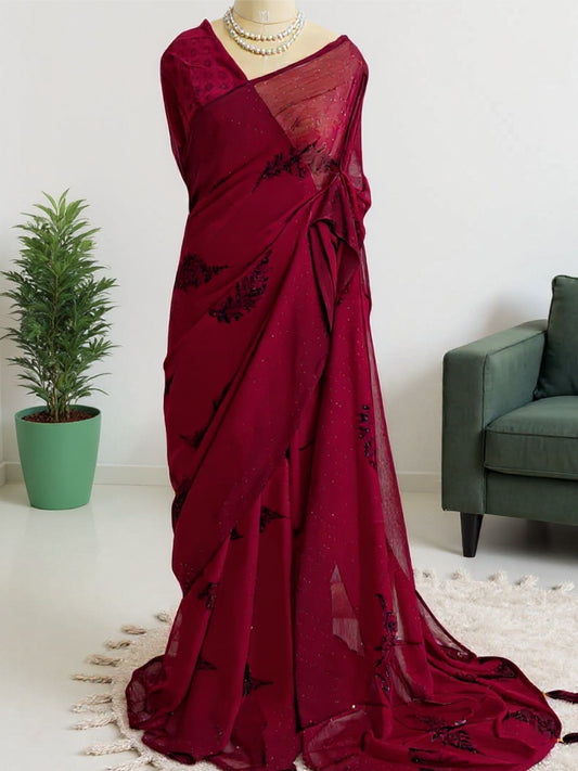 Wine Fancy Chiffon Saree with Digital Print & Stone Work