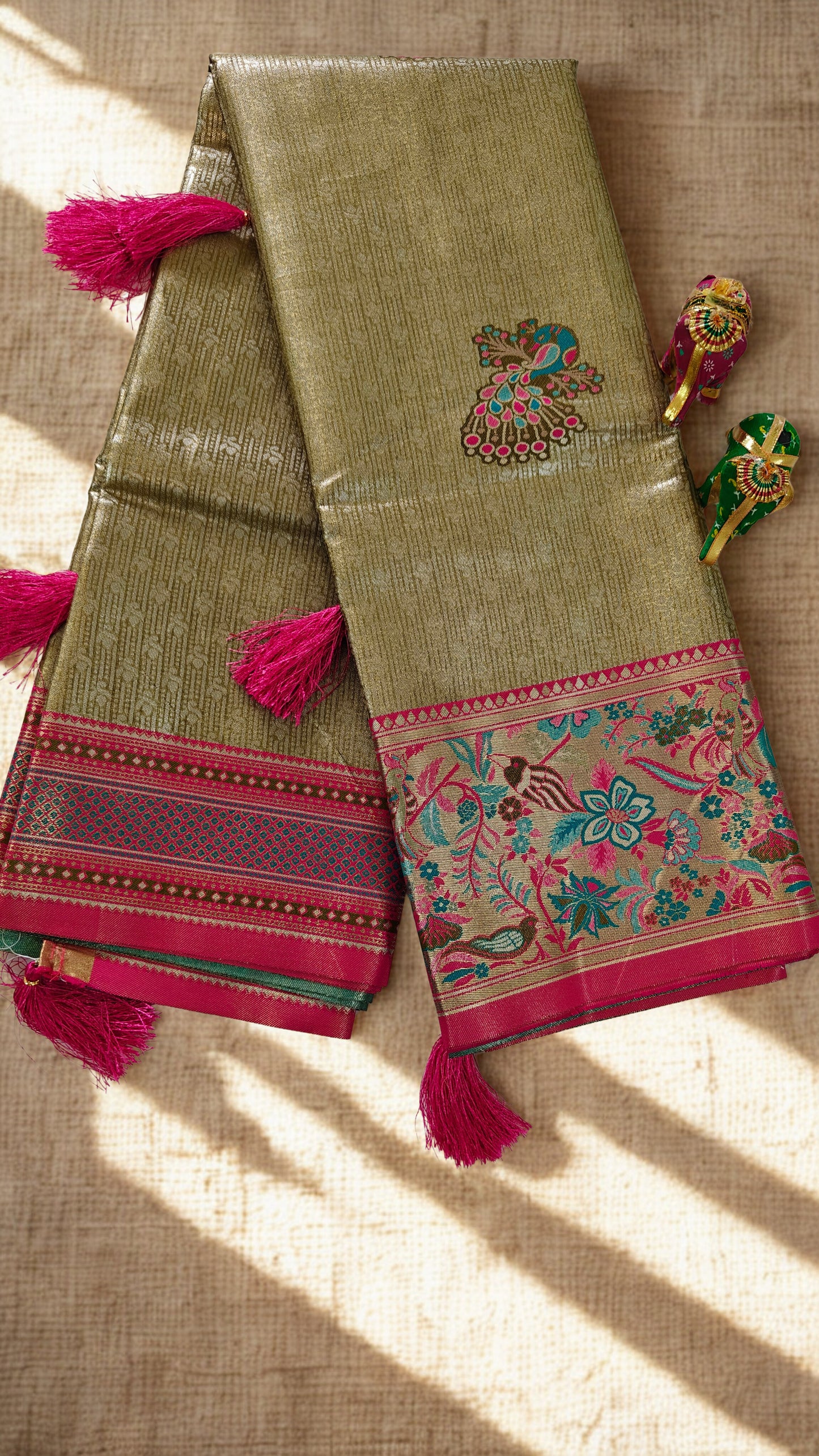 Peach Pink Kanjivaram Silk Saree with Green Border