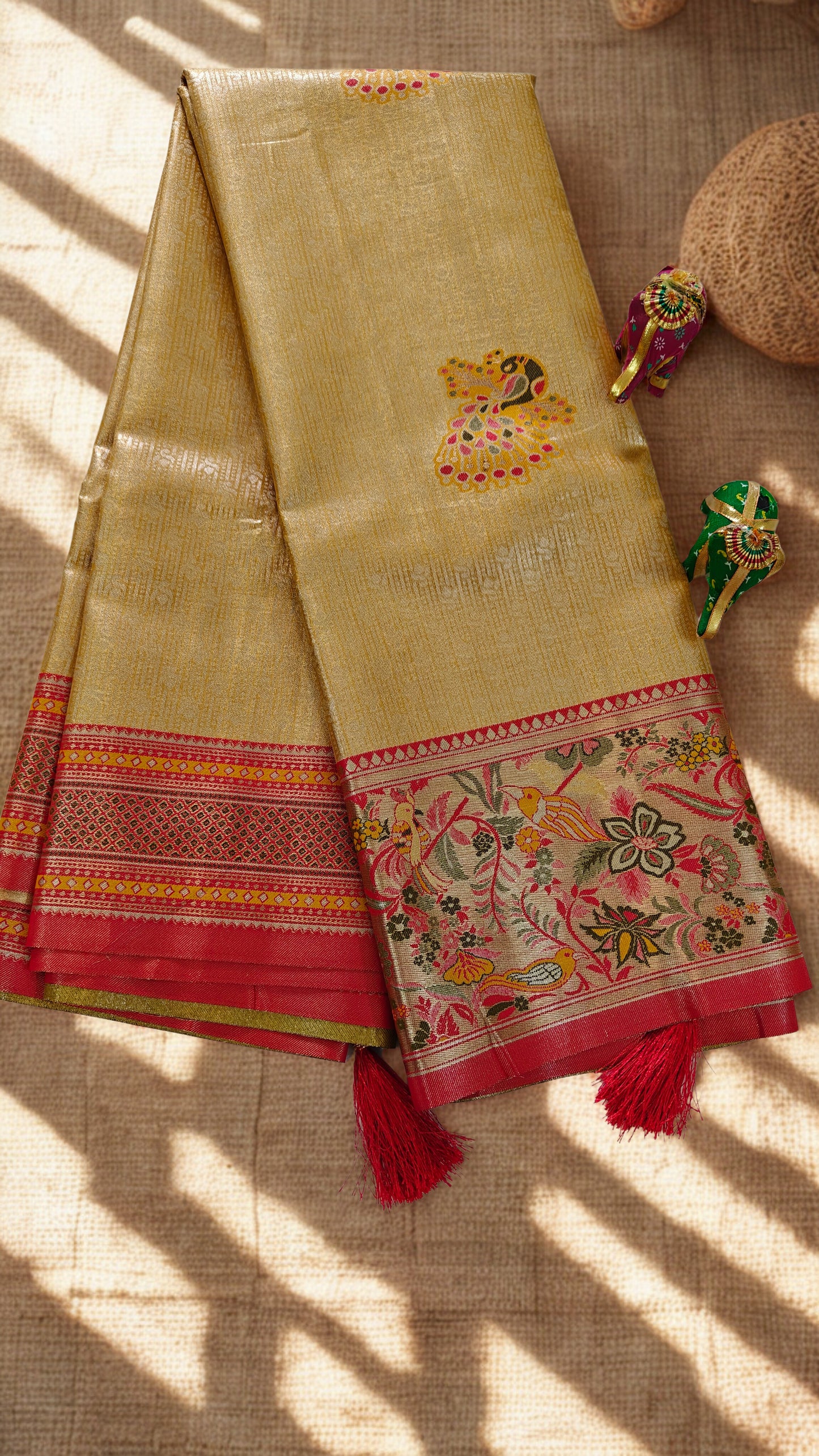 Peach Pink Kanjivaram Silk Saree with Green Border