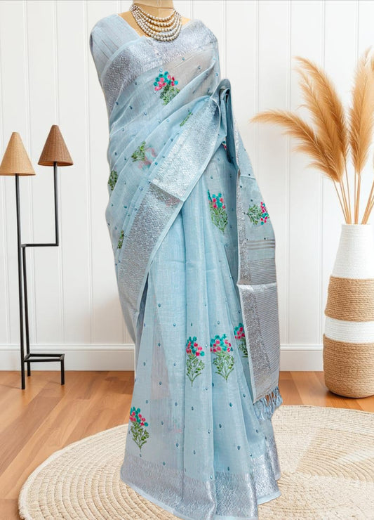 Powder Blue Linen Saree with Silver Zari work