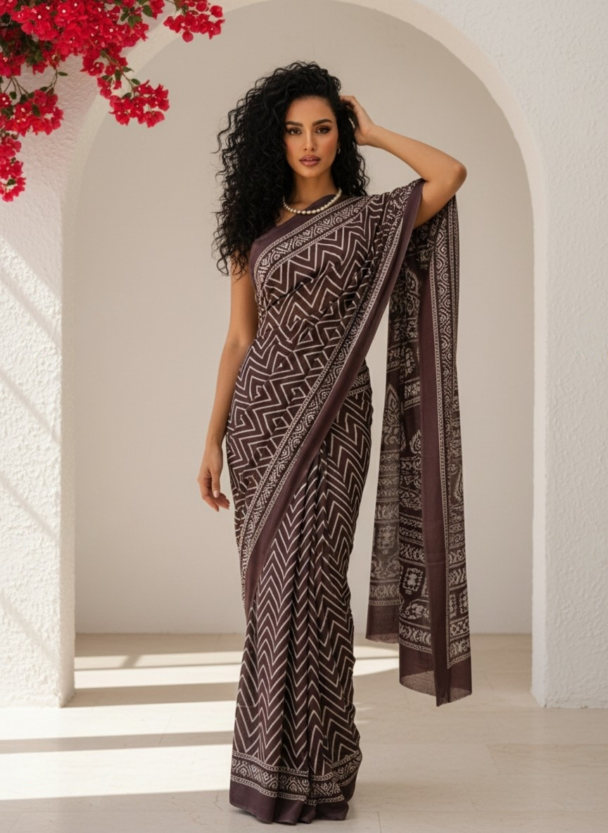 Wine & White Printed Crepe Silk Saree