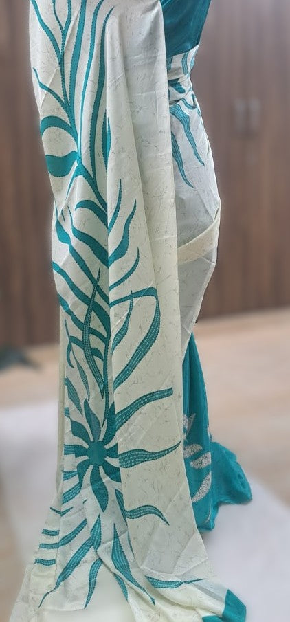Green & Ivory Satin Crepe Saree