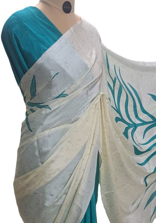 Green & Ivory Satin Crepe Saree