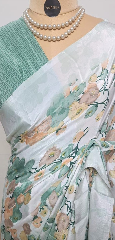 White & Green Floral Crape Silk Saree