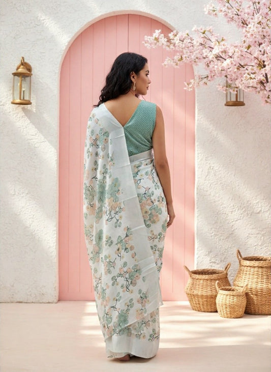 White & Green Floral Crape Silk Saree