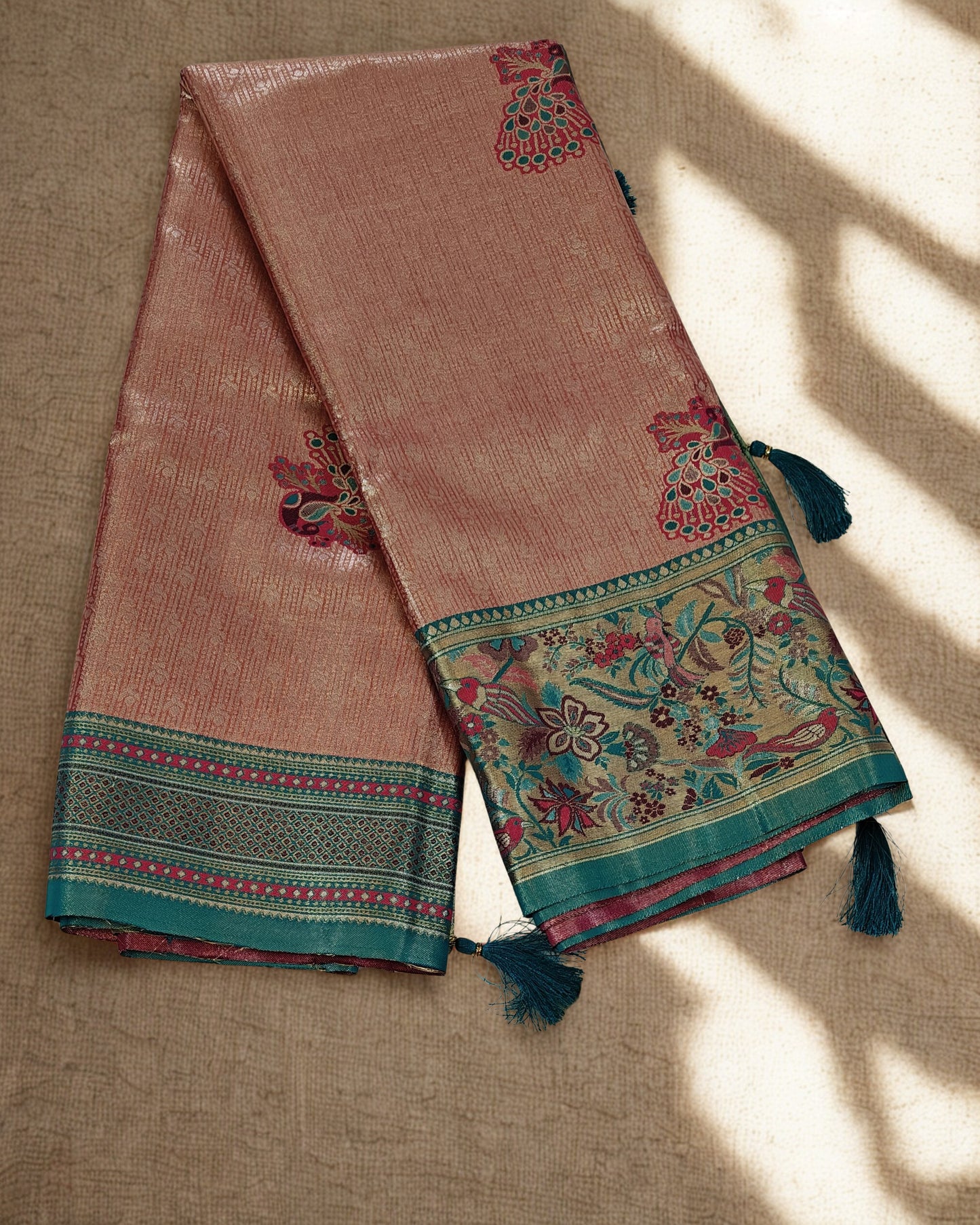 Peach Pink Kanjivaram Silk Saree with Green Border