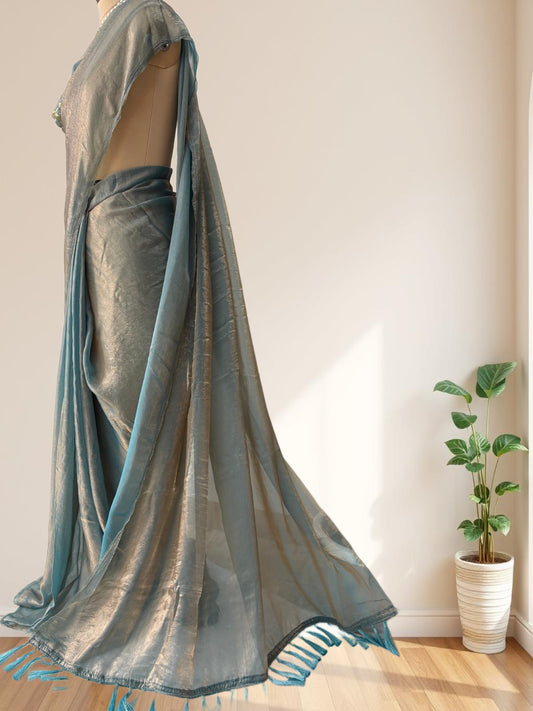 Greyish Blue Crush chiffon Silk Saree