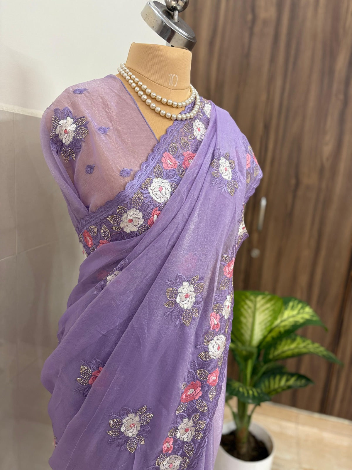 Lavender Fendi Chiffon Saree with Embroidered Detailing