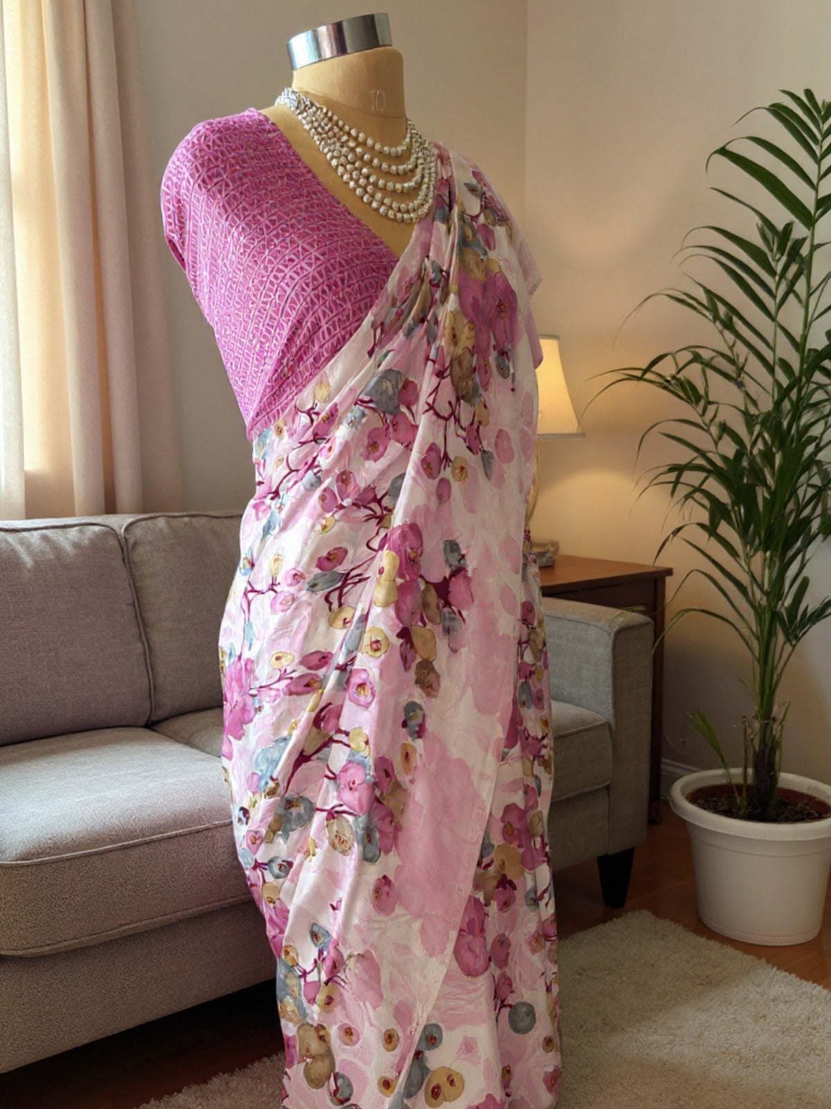 White & Pink Floral Crape Silk Saree