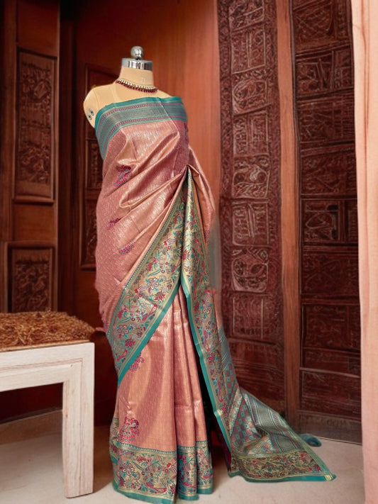 Peach Pink Kanjivaram Silk Saree with Green Border