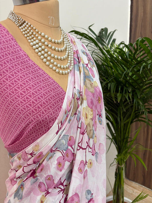 White & Pink Floral Crape Silk Saree