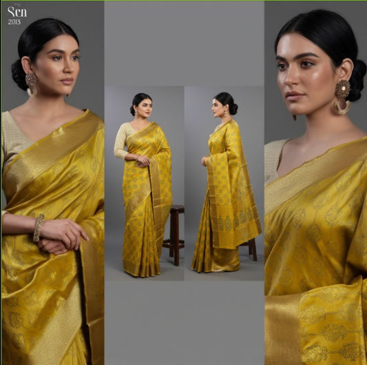 Mustard Yellow Silk Saree with Floral Zari Motifs