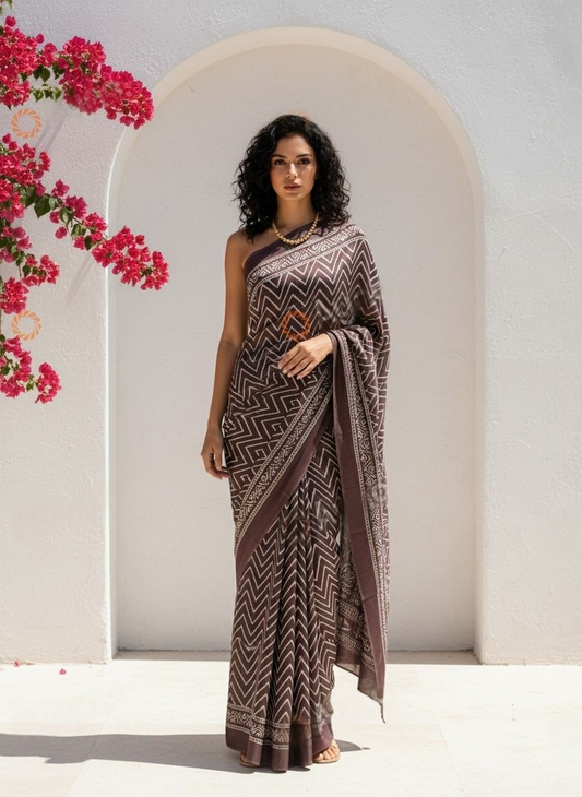 Wine & White Printed Crepe Silk Saree