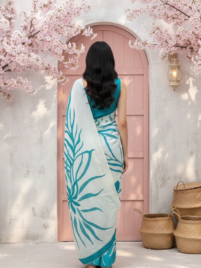 Green & Ivory Satin Crepe Saree
