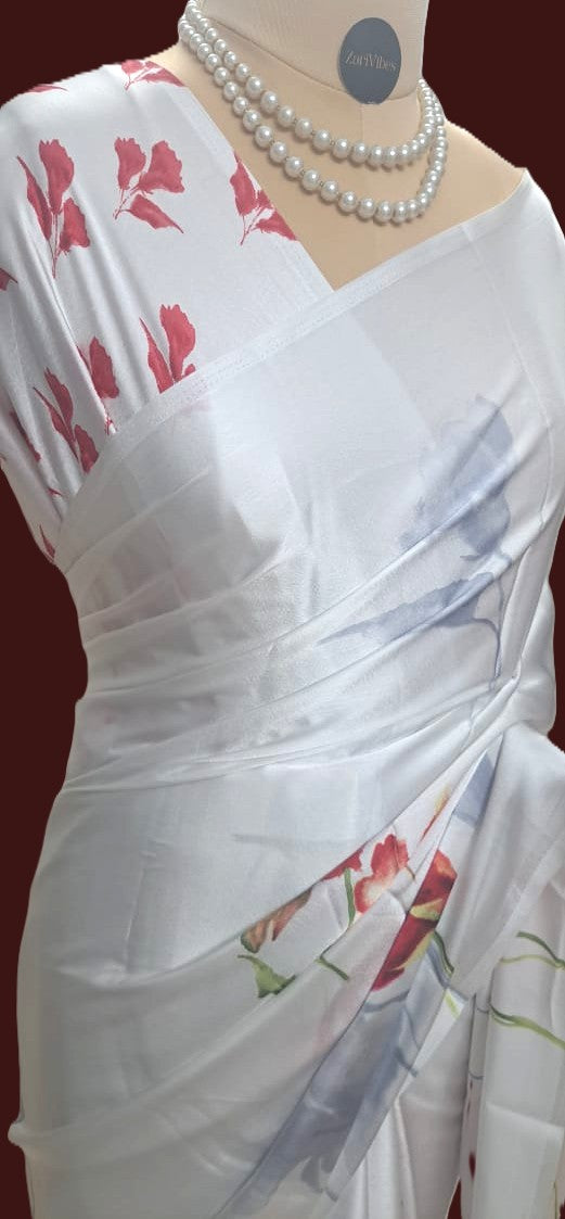 White Satin Crepe Saree