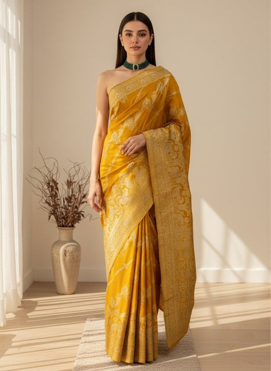 Mustard Yellow Satin silk Saree