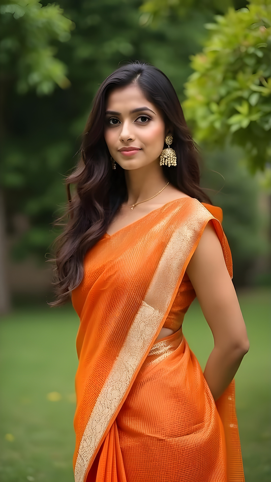 Orange Kota Doria Saree with Elegant Zari Border and Embroidered Pallu