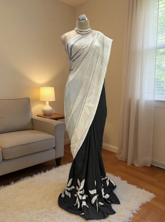 Black & Ivory Satin Crepe Saree
