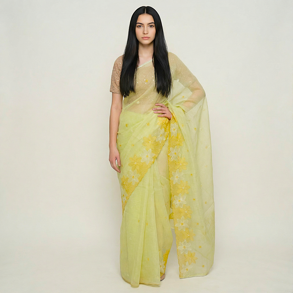 Kota Doria Saree with Floral Embroider