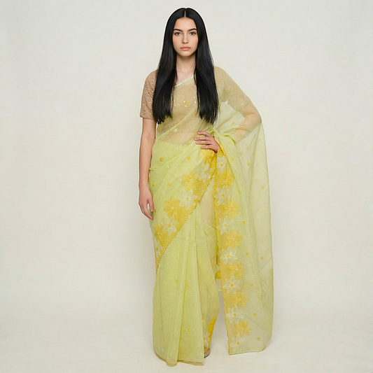 Kota Doria Saree with Floral Embroider