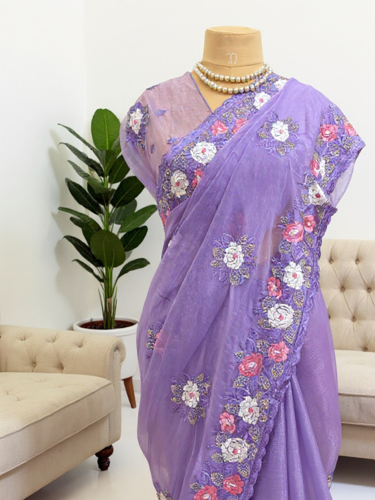 Lavender Fendi Chiffon Saree with Embroidered Detailing