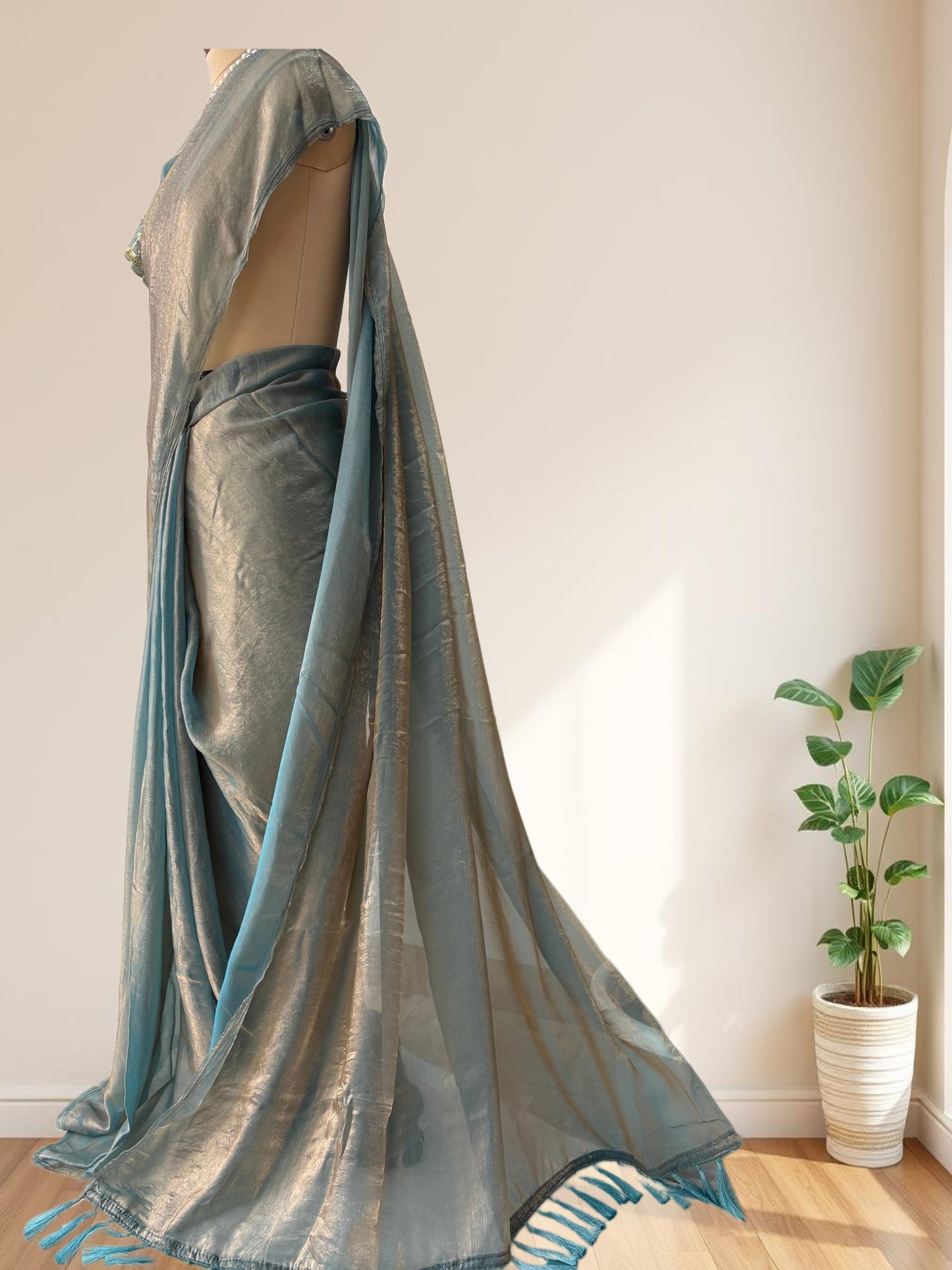 Greyish Blue Crush chiffon Silk Saree