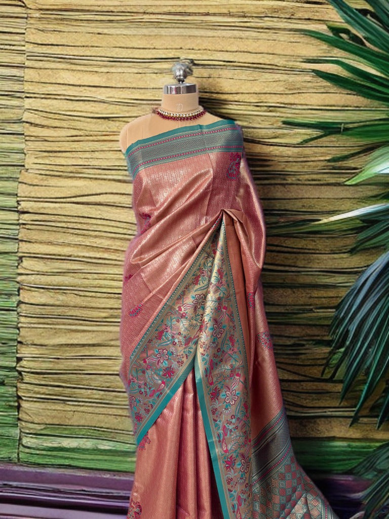Peach Pink Kanjivaram Silk Saree with Green Border