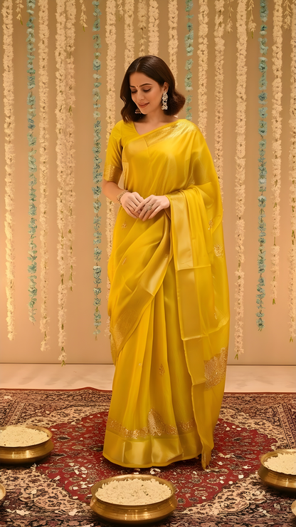 Yellow Kota Doria Saree with Elegant Zari Border and Embroidered Pallu