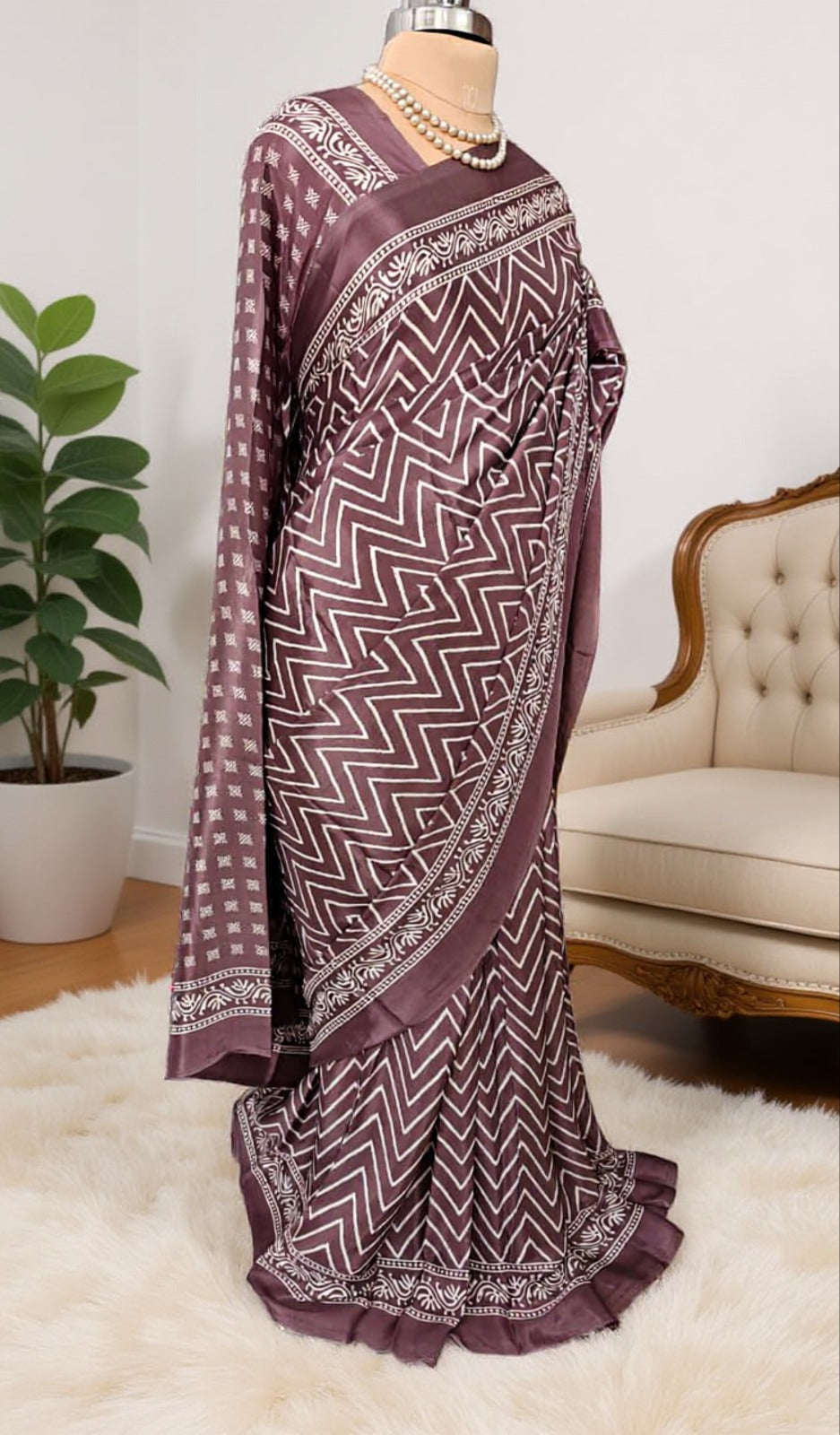 Wine & White Printed Crepe Silk Saree
