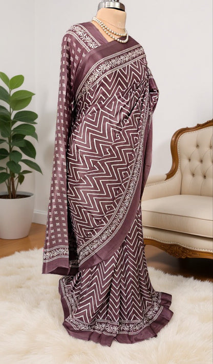 Wine & White Printed Crepe Silk Saree