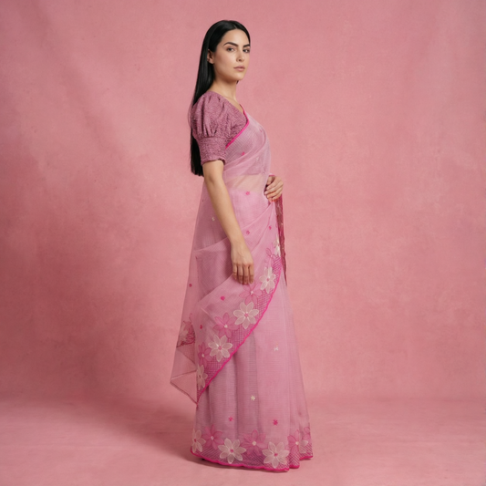 Pink Kota Doria Saree with Floral Embroidery