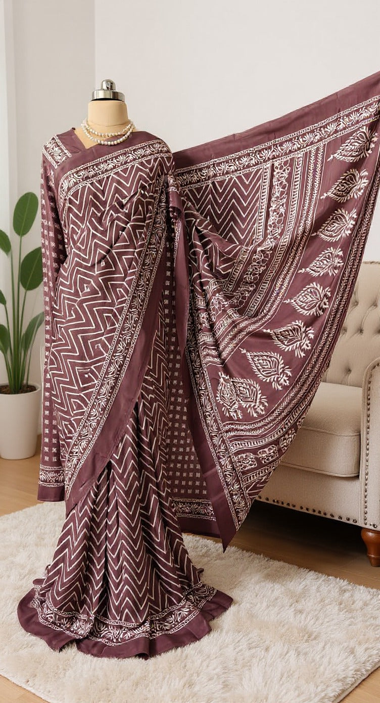 Wine & White Printed Crepe Silk Saree