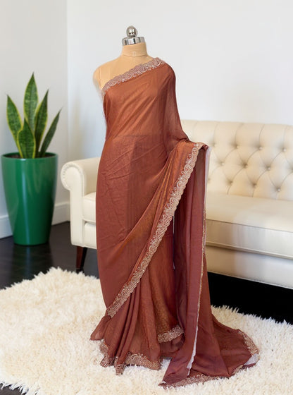 Rust Orange Crush Chiffon silk  Saree