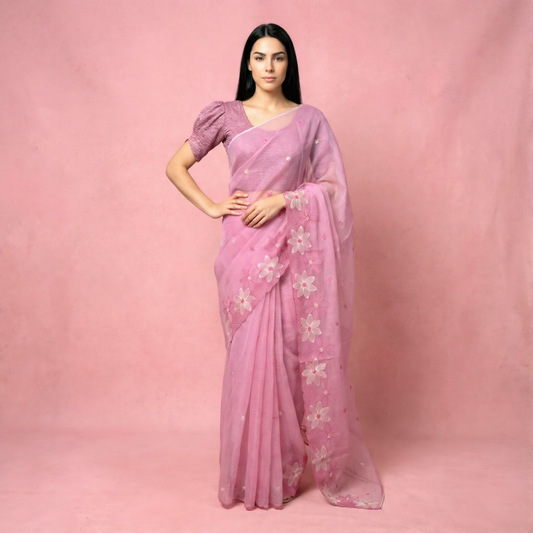 Pink Kota Doria Saree with Floral Embroidery