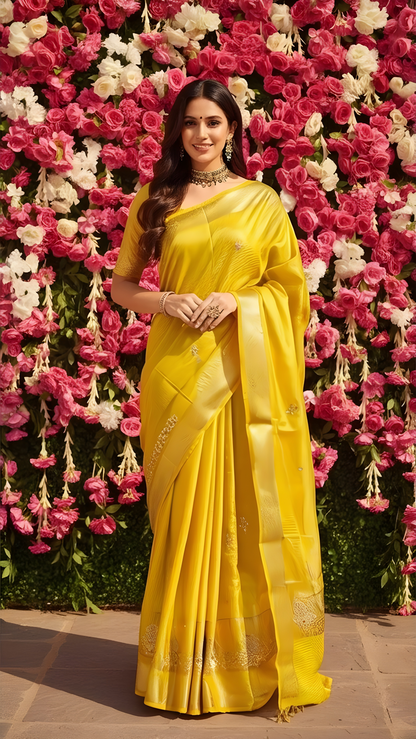 Yellow Kota Doria Saree with Elegant Zari Border and Embroidered Pallu