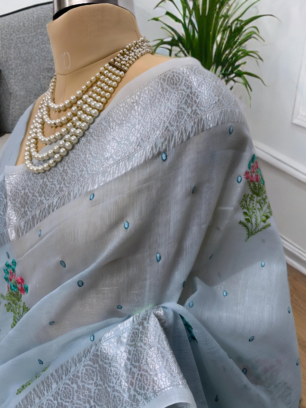 Powder Blue Linen Saree with Silver Zari work