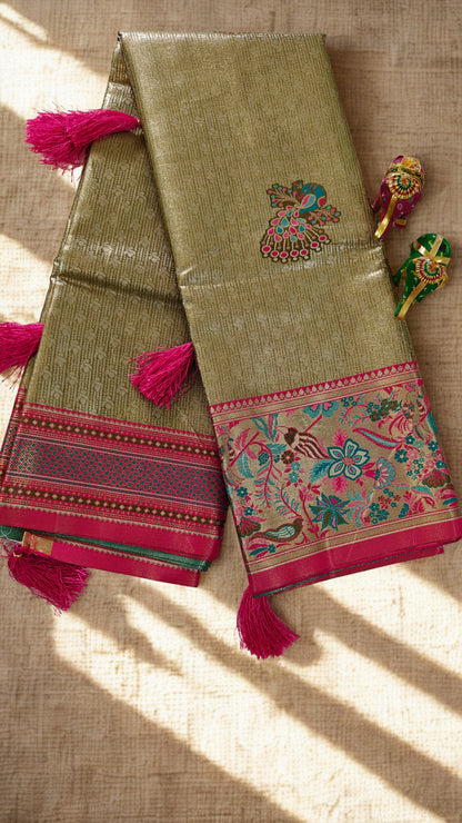 Peach Pink Kanjivaram Silk Saree with Green Border