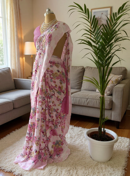 White & Pink Floral Crape Silk Saree