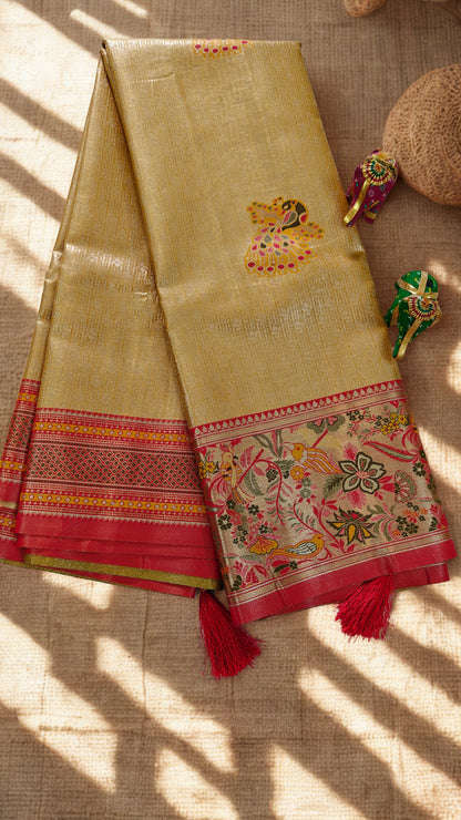 Peach Pink Kanjivaram Silk Saree with Green Border
