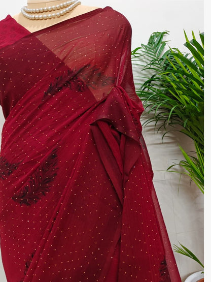Wine Fancy Chiffon Saree with Digital Print & Stone Work