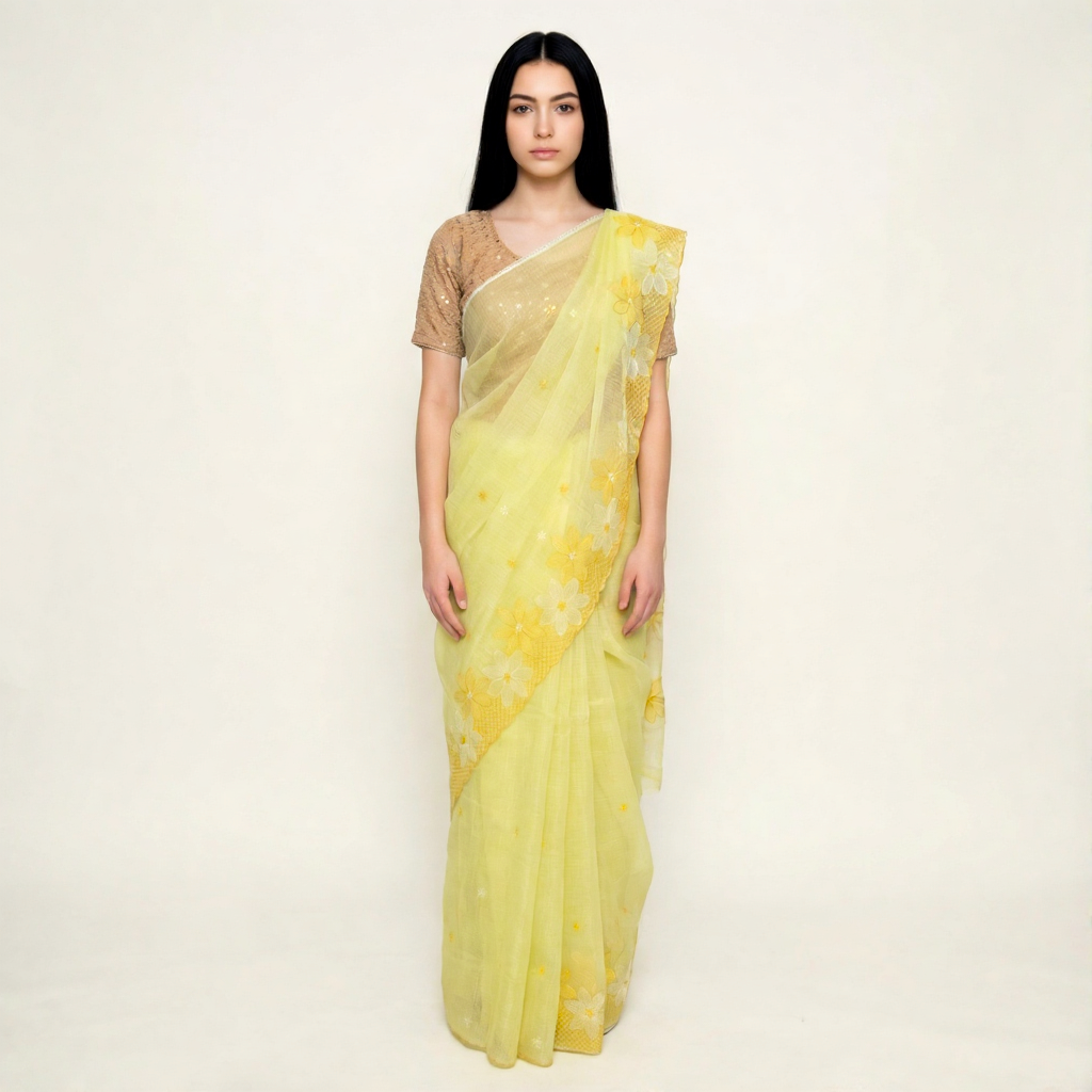Kota Doria Saree with Floral Embroider