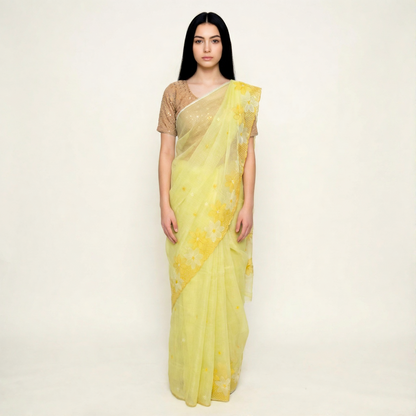 Kota Doria Saree with Floral Embroider